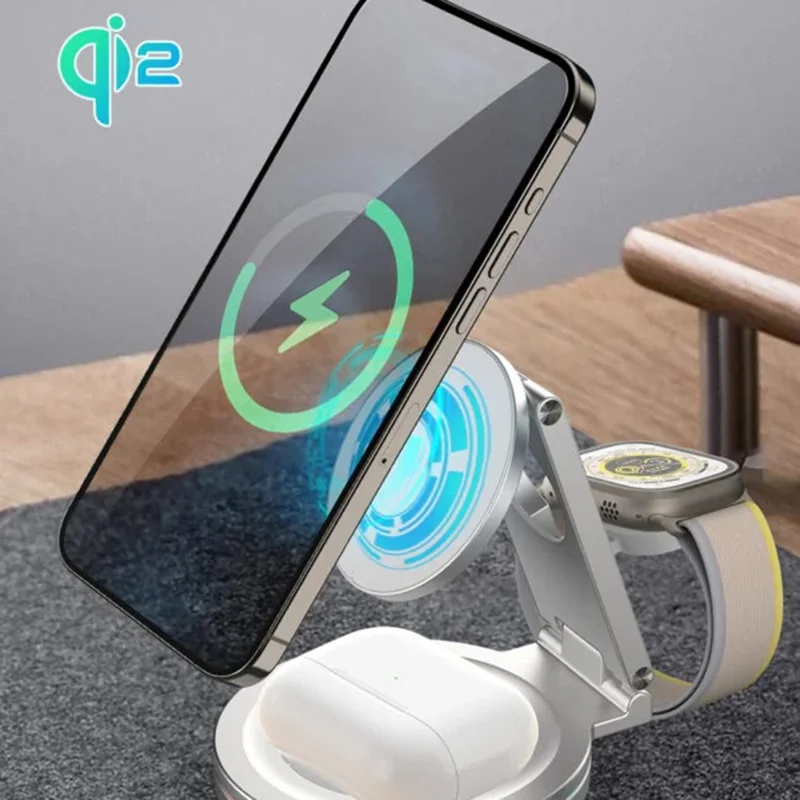 V22 Qi2 Magnetic Wireless Charger Foldable 3 in 1 Charging Stand for Phone / Watch / Earbuds - Grey