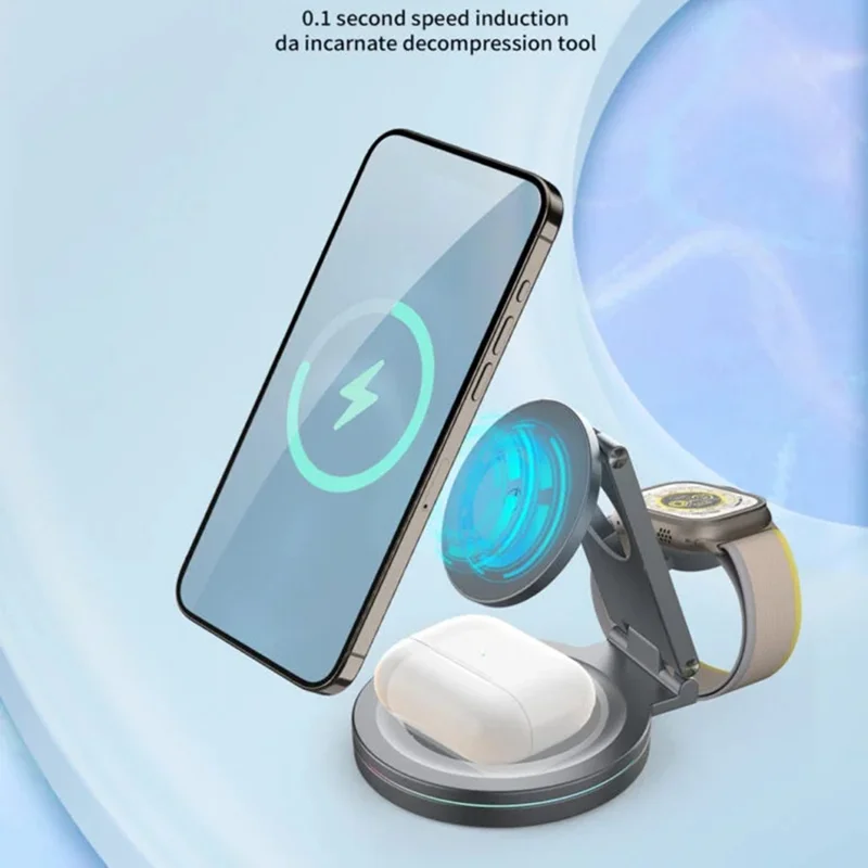V22 Qi2 Magnetic Wireless Charger Foldable 3 in 1 Charging Stand for Phone / Watch / Earbuds - Grey