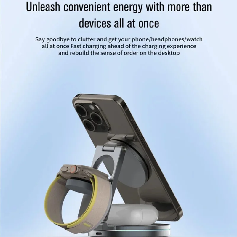 V22 Qi2 Magnetic Wireless Charger Foldable 3 in 1 Charging Stand for Phone / Watch / Earbuds - Grey