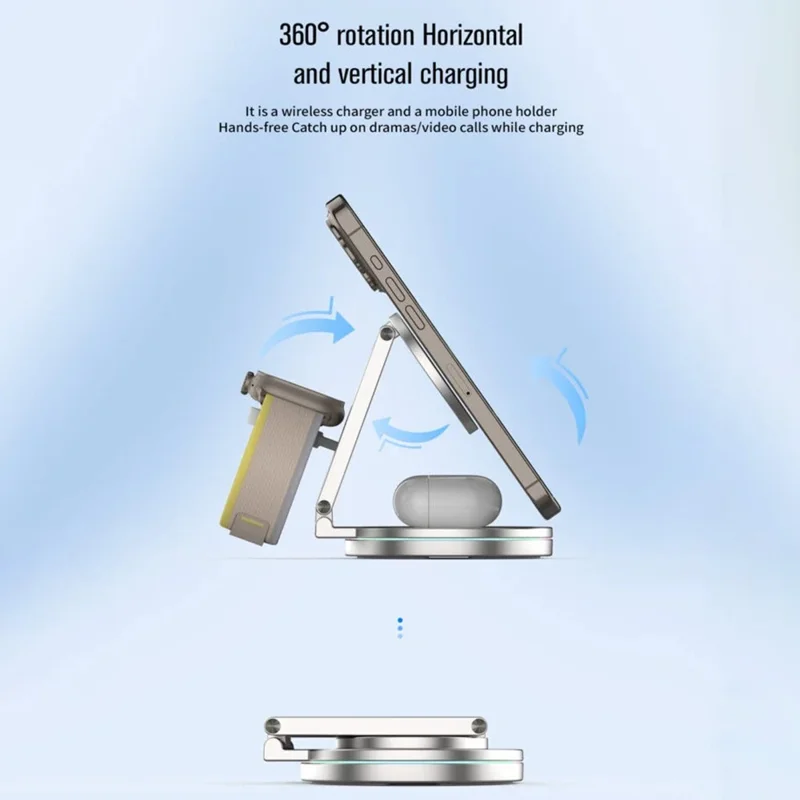 V22 Qi2 Magnetic Wireless Charger Foldable 3 in 1 Charging Stand for Phone / Watch / Earbuds - Grey