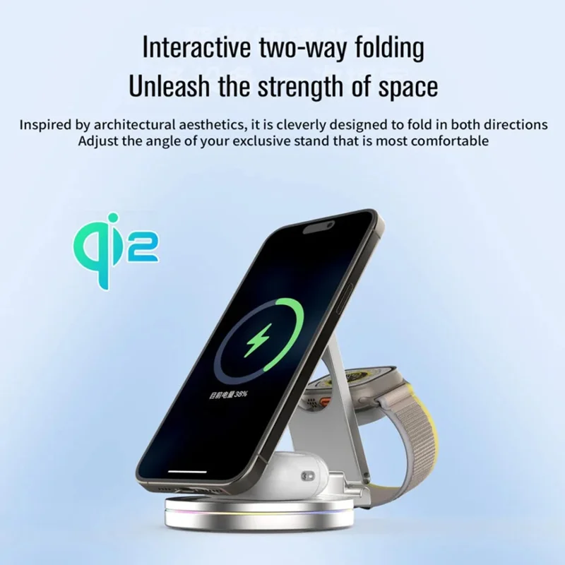 V22 Qi2 Magnetic Wireless Charger Foldable 3 in 1 Charging Stand for Phone / Watch / Earbuds - Grey