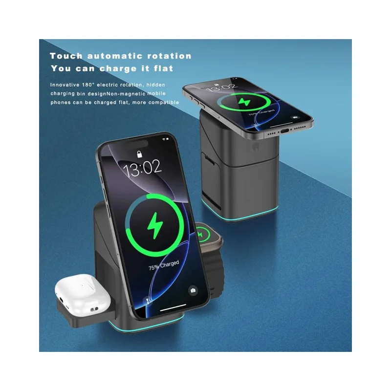V23 3 in 1 Wireless Charger for iPhone, iWatch, AirPods Charging Dock 180-Degree Rotating Magnetic Qi2 Certified - Black