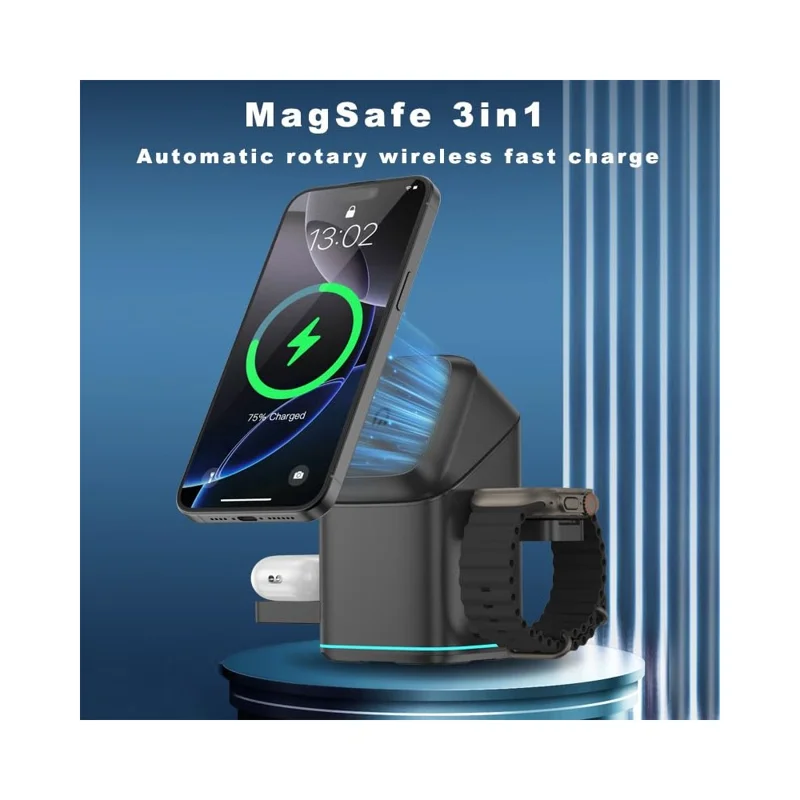 V23 3 in 1 Wireless Charger for iPhone, iWatch, AirPods Charging Dock 180-Degree Rotating Magnetic Qi2 Certified - Black
