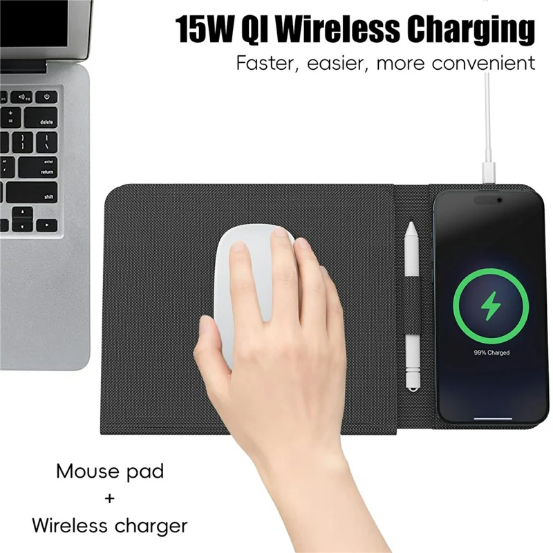 15W Leather Foldable Mouse Pad Wireless Charging Stand Writing Board with Magnetic Fast Charging for Meetings - Black