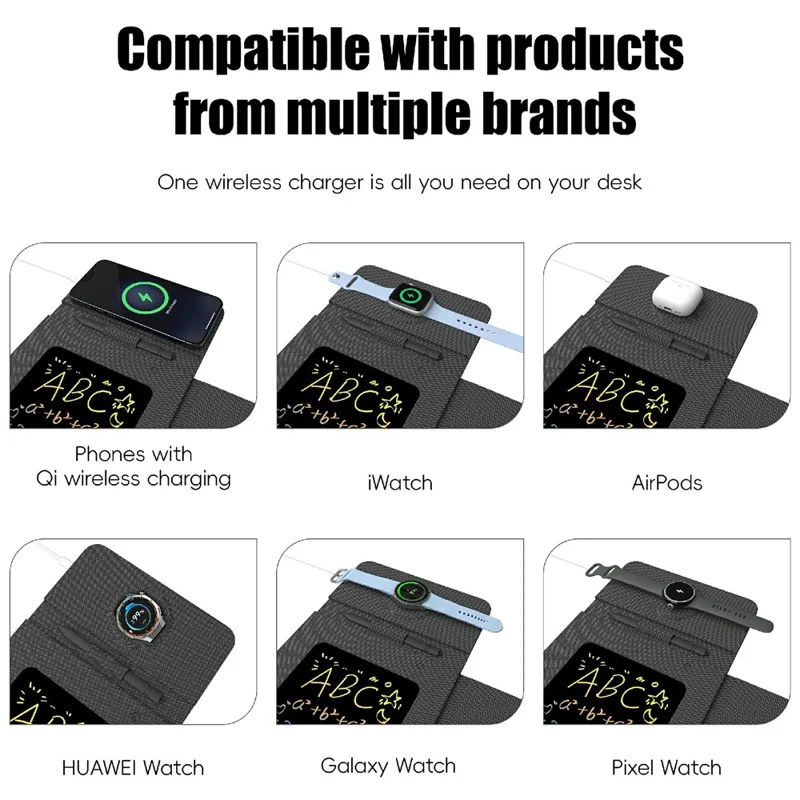 15W Leather Foldable Mouse Pad Wireless Charging Stand Writing Board with Magnetic Fast Charging for Meetings - Black