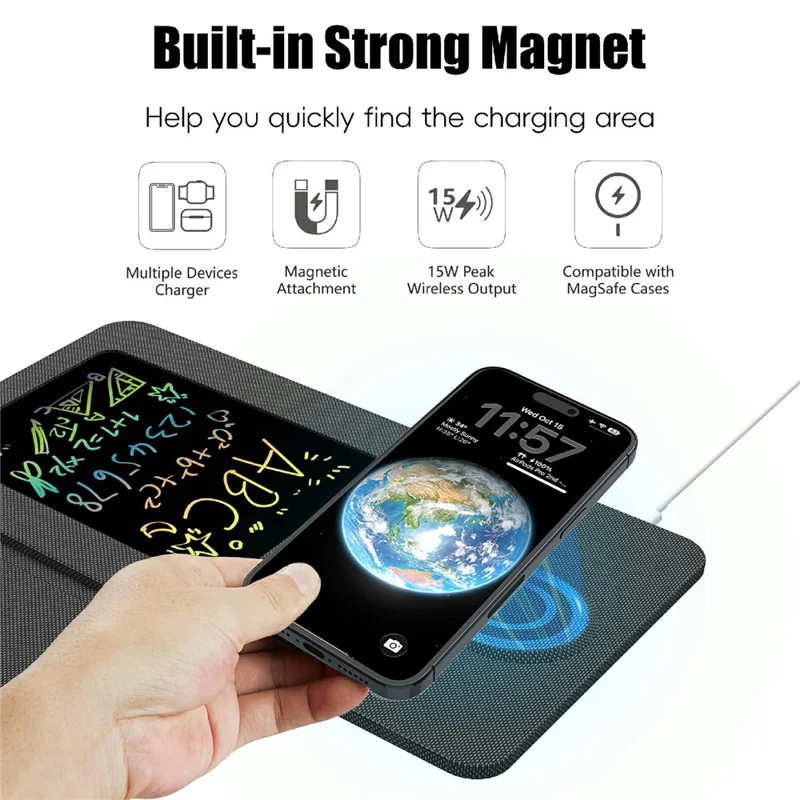 15W Leather Foldable Mouse Pad Wireless Charging Stand Writing Board with Magnetic Fast Charging for Meetings - Black