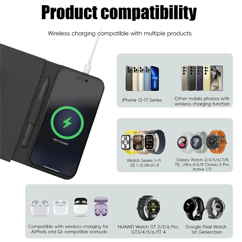 15W Leather Foldable Mouse Pad Wireless Charging Stand Writing Board with Magnetic Fast Charging for Meetings - Black