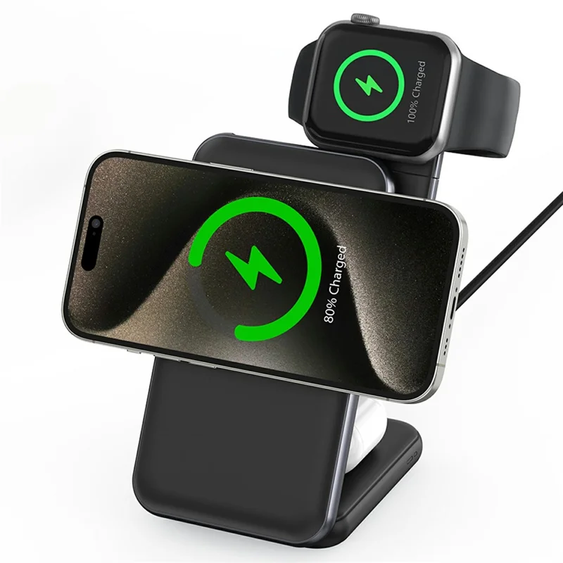 MC01 3 in 1 Qi2 Magnetic Wireless Charger Stand for iPhone / Apple Watch / AirPods Foldable 15W Fast Charging Station - Black