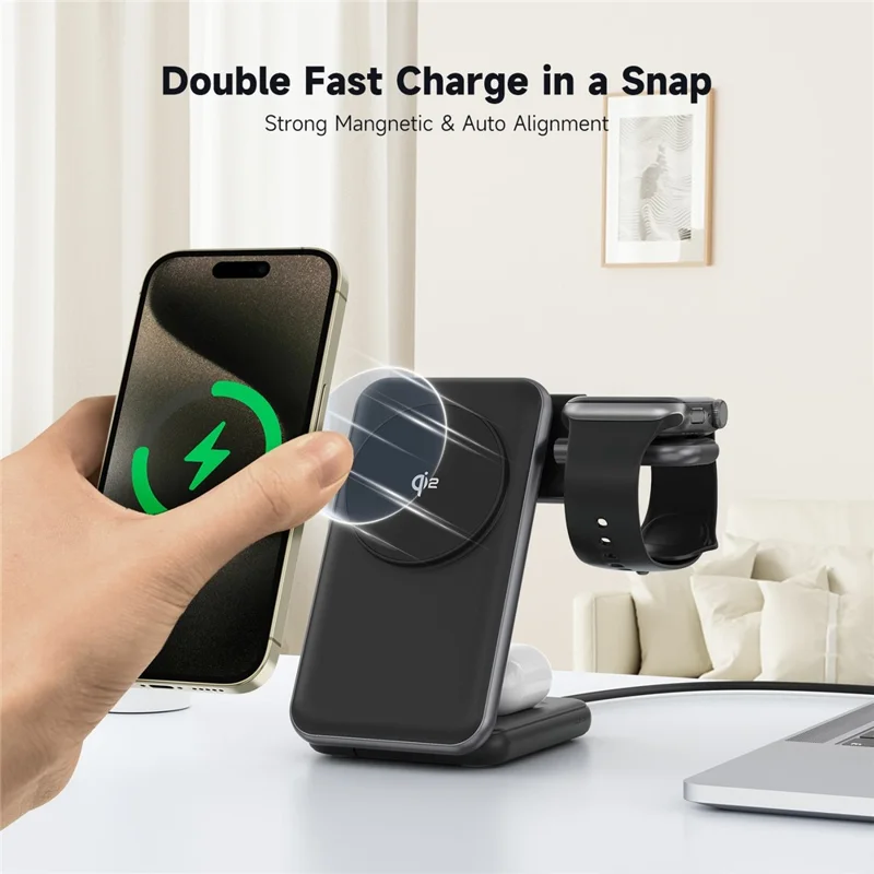 MC01 3 in 1 Qi2 Magnetic Wireless Charger Stand for iPhone / Apple Watch / AirPods Foldable 15W Fast Charging Station - Black