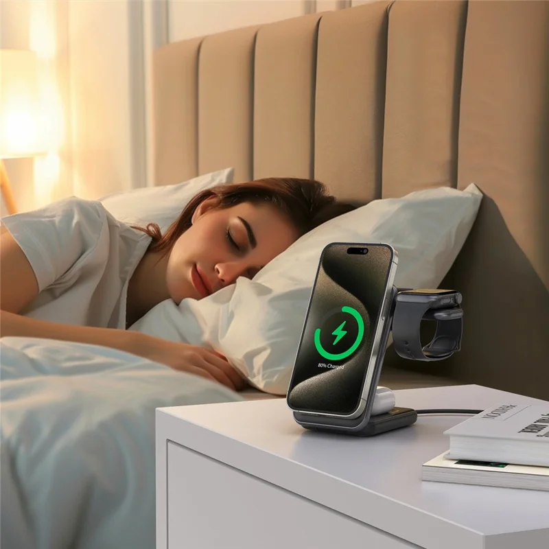 MC01 3 in 1 Qi2 Magnetic Wireless Charger Stand for iPhone / Apple Watch / AirPods Foldable 15W Fast Charging Station - Black