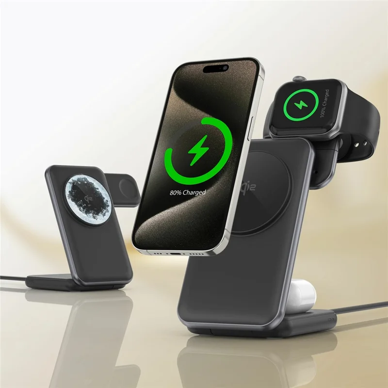 MC01 3 in 1 Qi2 Magnetic Wireless Charger Stand for iPhone / Apple Watch / AirPods Foldable 15W Fast Charging Station - Black