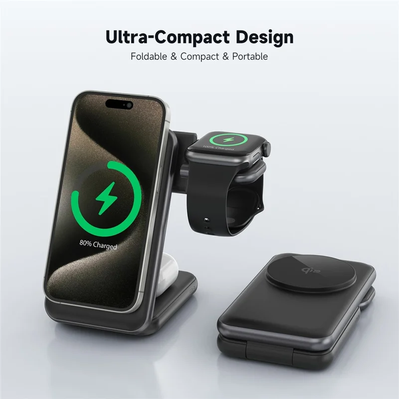 MC01 3 in 1 Qi2 Magnetic Wireless Charger Stand for iPhone / Apple Watch / AirPods Foldable 15W Fast Charging Station - Black