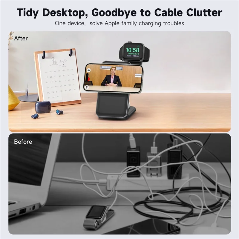 MC01 3 in 1 Qi2 Magnetic Wireless Charger Stand for iPhone / Apple Watch / AirPods Foldable 15W Fast Charging Station - Black