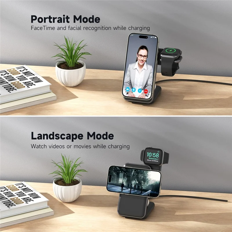 MC01 3 in 1 Qi2 Magnetic Wireless Charger Stand for iPhone / Apple Watch / AirPods Foldable 15W Fast Charging Station - Black