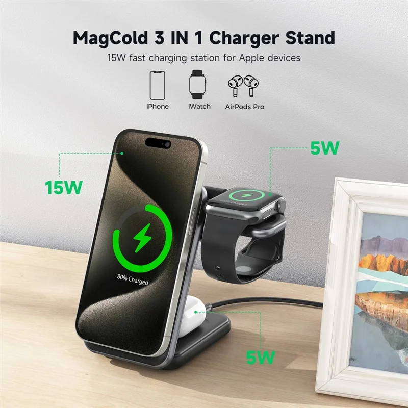 MC01 3 in 1 Qi2 Magnetic Wireless Charger Stand for iPhone / Apple Watch / AirPods Foldable 15W Fast Charging Station - Black