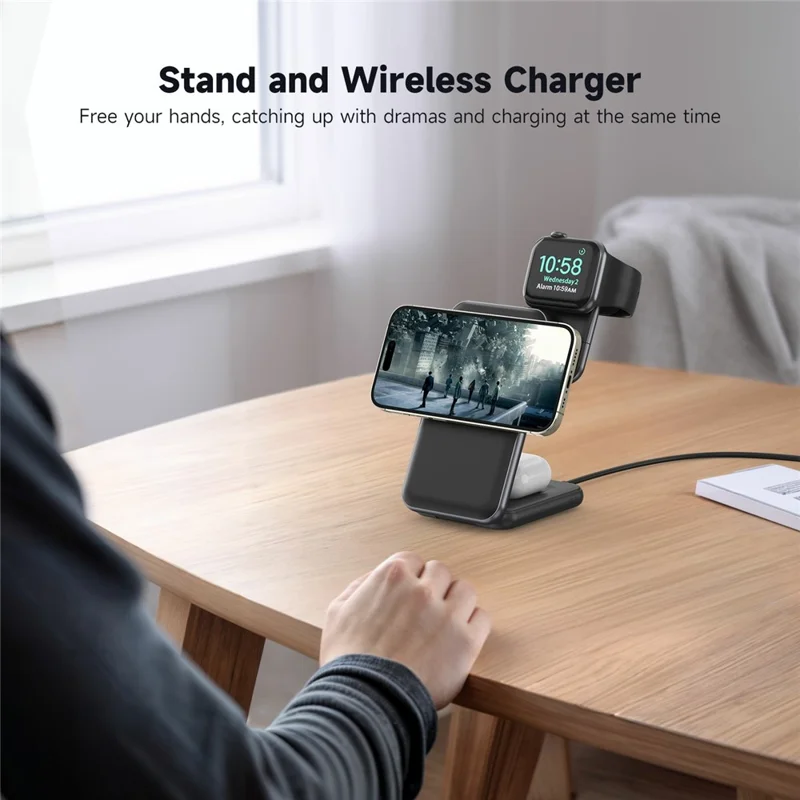 MC01 3 in 1 Qi2 Magnetic Wireless Charger Stand for iPhone / Apple Watch / AirPods Foldable 15W Fast Charging Station - Black
