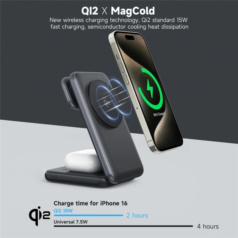 MC01 3 in 1 Qi2 Magnetic Wireless Charger Stand for iPhone / Apple Watch / AirPods Foldable 15W Fast Charging Station - Black