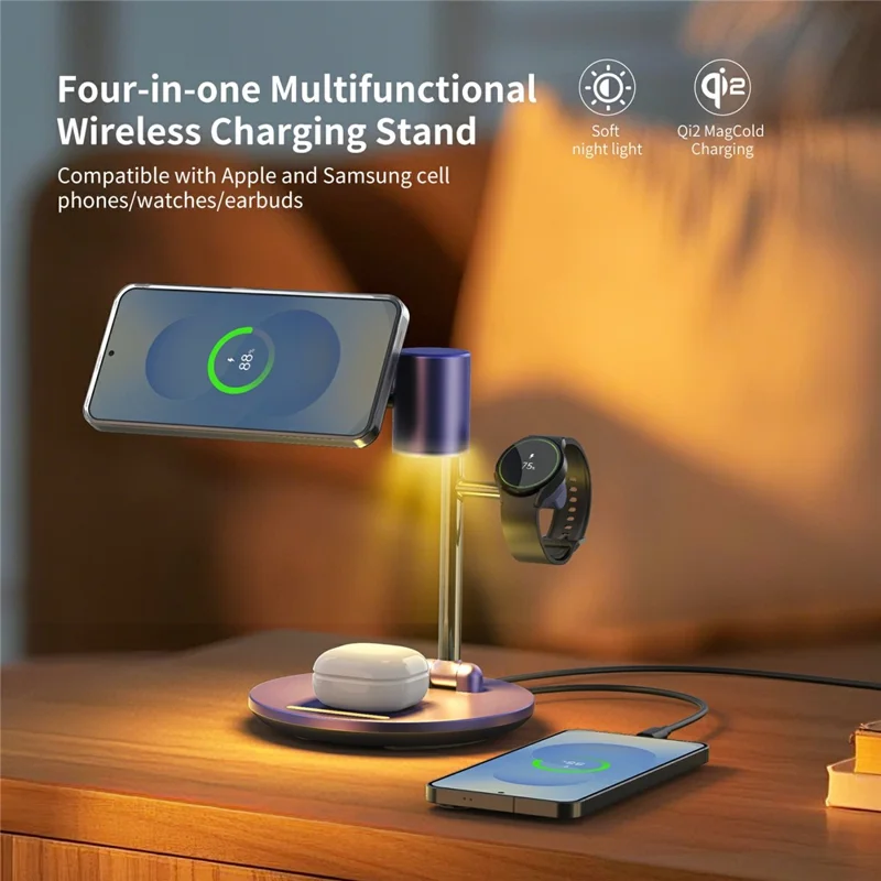 MC07 Folding Magnetic 15W Cooling Wireless Charger Qi2 Compatible Cellphone Charging Stand with Motion Sensor Night Light - Blue+Black