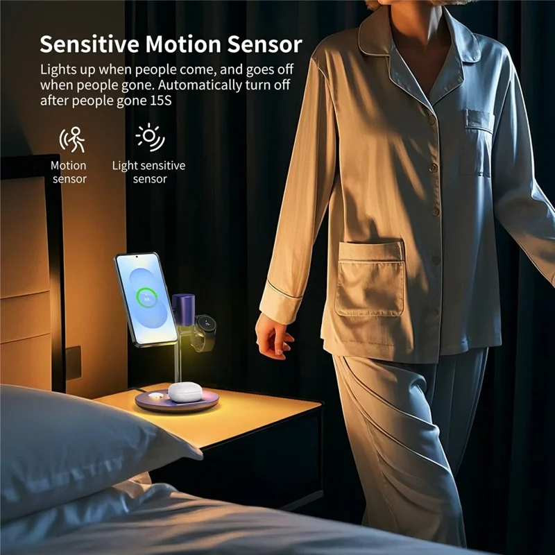 MC07 Folding Magnetic 15W Cooling Wireless Charger Qi2 Compatible Cellphone Charging Stand with Motion Sensor Night Light - Blue+Black