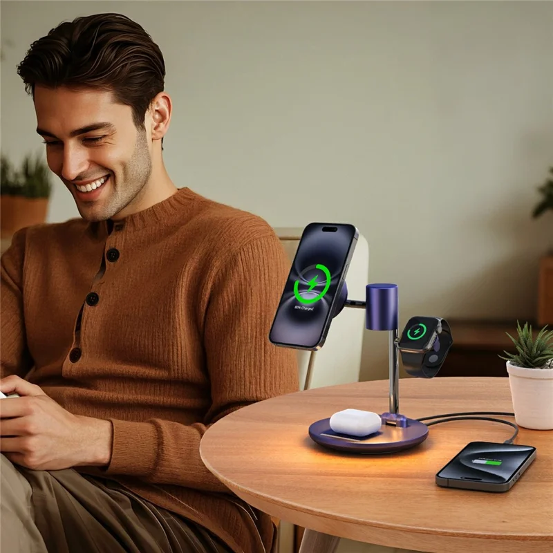 MC07 Folding Magnetic 15W Cooling Wireless Charger Qi2 Compatible Cellphone Charging Stand with Motion Sensor Night Light - Blue+Black