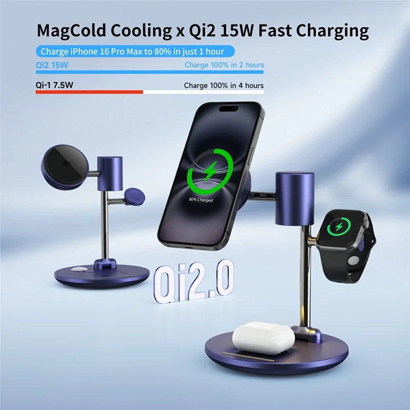 MC07 Folding Magnetic 15W Cooling Wireless Charger Qi2 Compatible Cellphone Charging Stand with Motion Sensor Night Light - Blue+Black