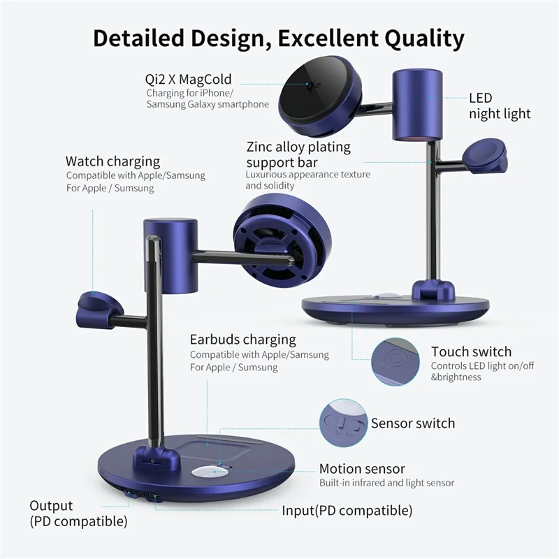 MC07 Folding Magnetic 15W Cooling Wireless Charger Qi2 Compatible Cellphone Charging Stand with Motion Sensor Night Light - Blue+Black