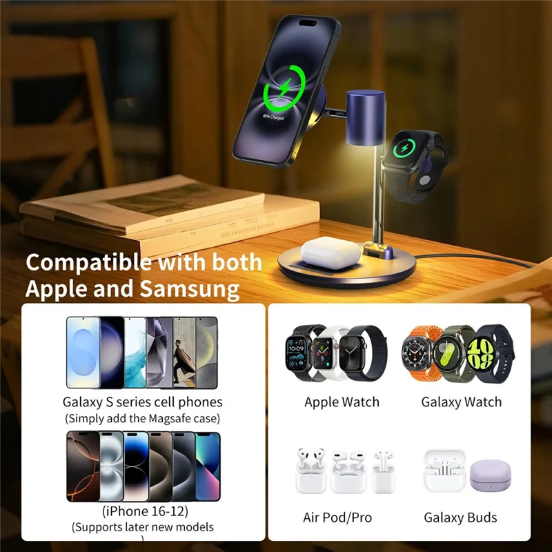 MC07 Folding Magnetic 15W Cooling Wireless Charger Qi2 Compatible Cellphone Charging Stand with Motion Sensor Night Light - Blue+Black