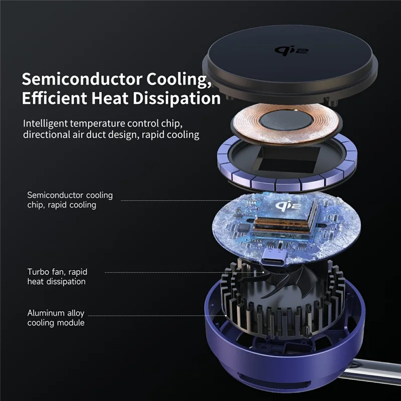 MC07 Folding Magnetic 15W Cooling Wireless Charger Qi2 Compatible Cellphone Charging Stand with Motion Sensor Night Light - Blue+Black