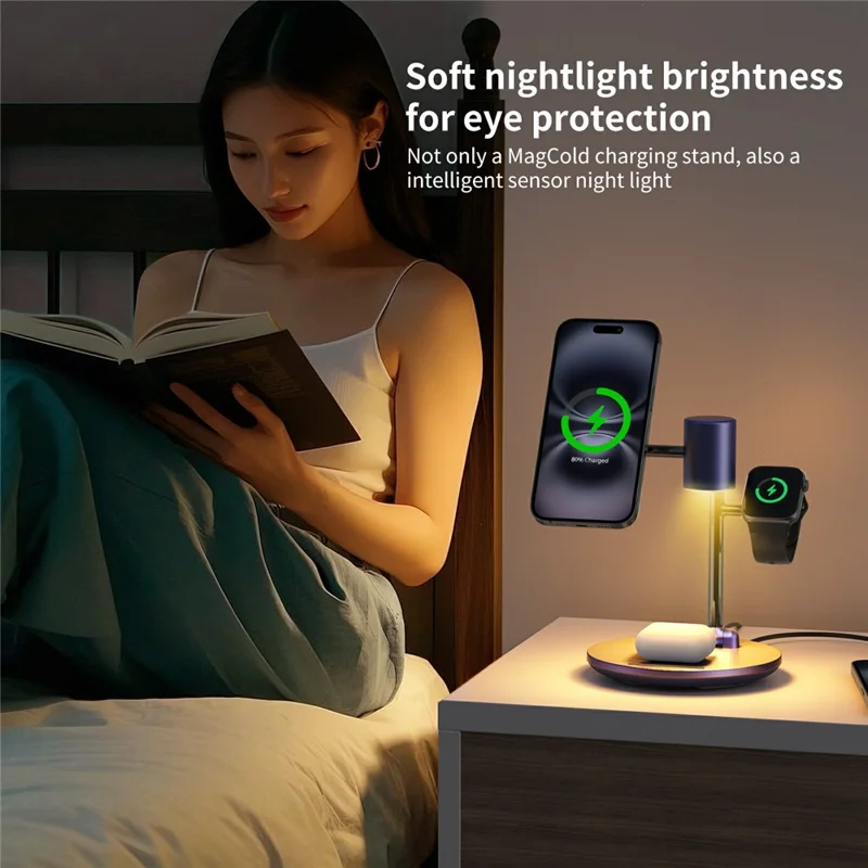 MC07 Folding Magnetic 15W Cooling Wireless Charger Qi2 Compatible Cellphone Charging Stand with Motion Sensor Night Light - Blue+Black