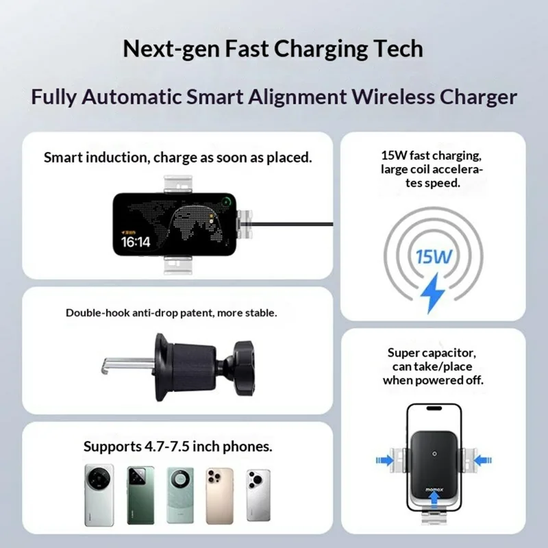 MOMAX Q.MOUNT SMART 7 Car Phone Holder Wireless Charger 15W Fast Charging Air Vent Mount