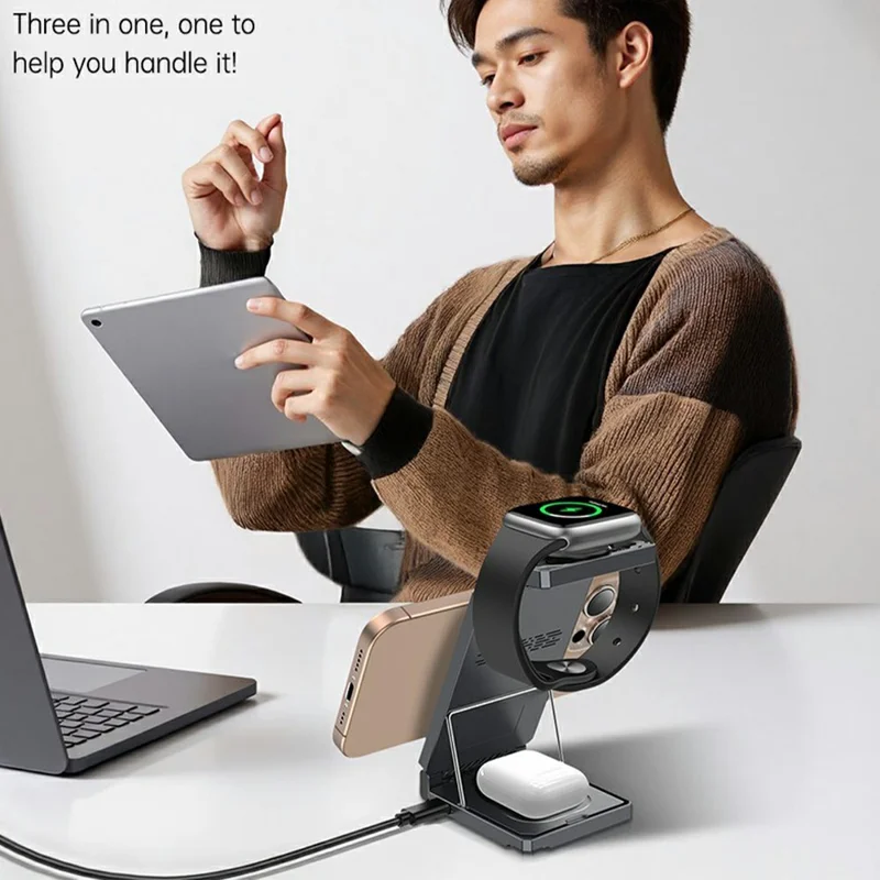 YESIDO DS25 3 in 1 Folding Wireless Charger Magnetic Charging Station for Phone / Watch / Earbuds - Black