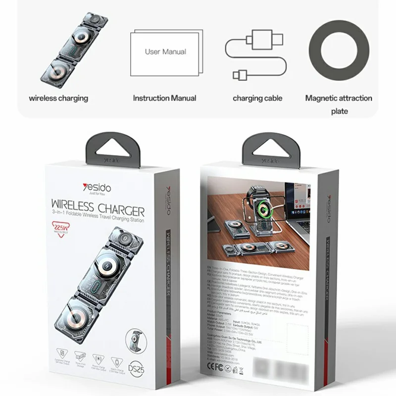 YESIDO DS25 3 in 1 Folding Wireless Charger Magnetic Charging Station for Phone / Watch / Earbuds - Black