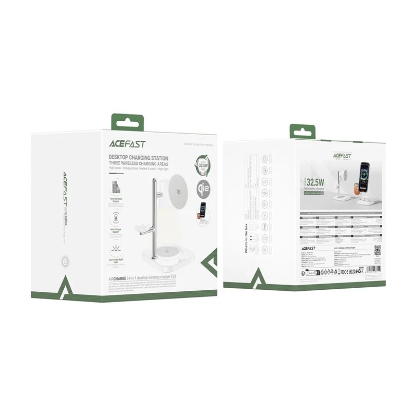 ACEFAST E39 4 in 1 Desktop Wireless Charger with Night Light Phone Watch Earphone Charging Station - White