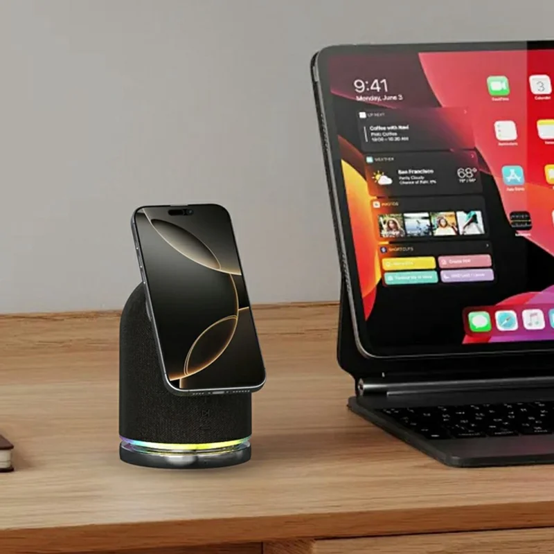 Kabelloser 15-W-Magnetlader mit Lautsprecher und RGB-Ambient-Beleuchtung, Tischständer – Schwarz, für Großmengenbestellungen