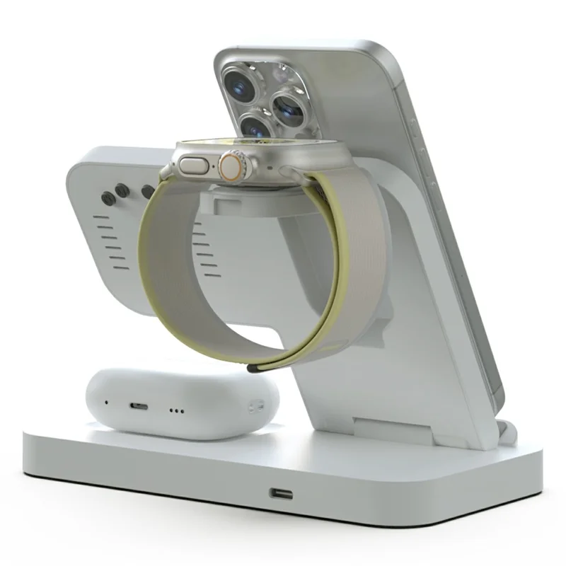 Bulk Purchasing 4 in 1 15W Foldable Wireless Charger for iPhone  /  Apple Watch  /  AirPods Desktop Charging Station with Alarm Clock - White