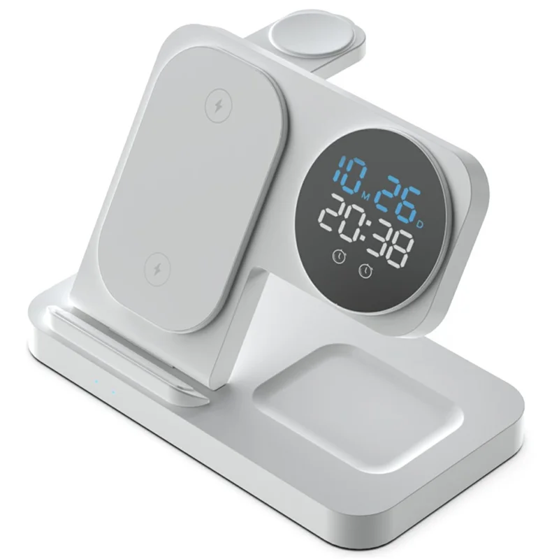 Bulk Purchasing 4 in 1 15W Foldable Wireless Charger for iPhone  /  Apple Watch  /  AirPods Desktop Charging Station with Alarm Clock - White