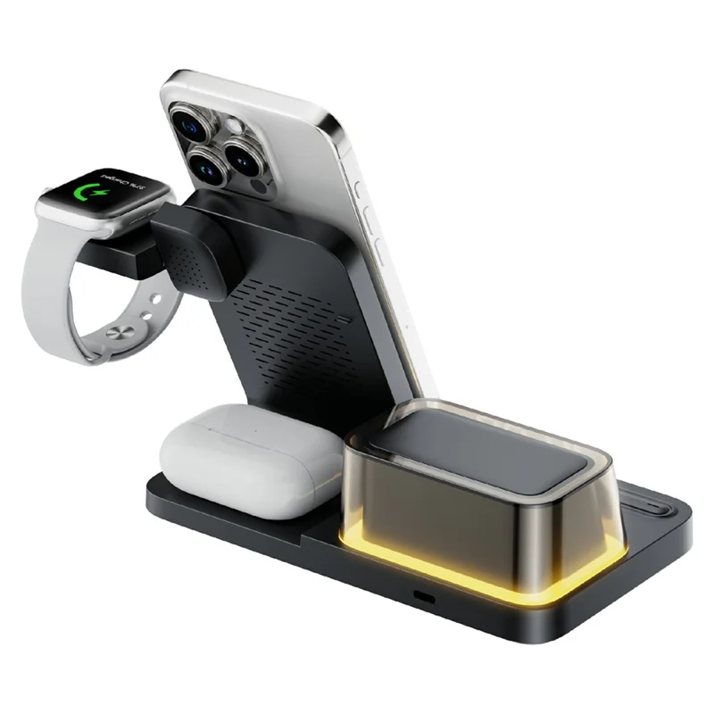 15W 5 in 1 Foldable Wireless Charger with Timer for iPhone  /  Apple Watch  /  AirPods Desktop Charging Station - Black