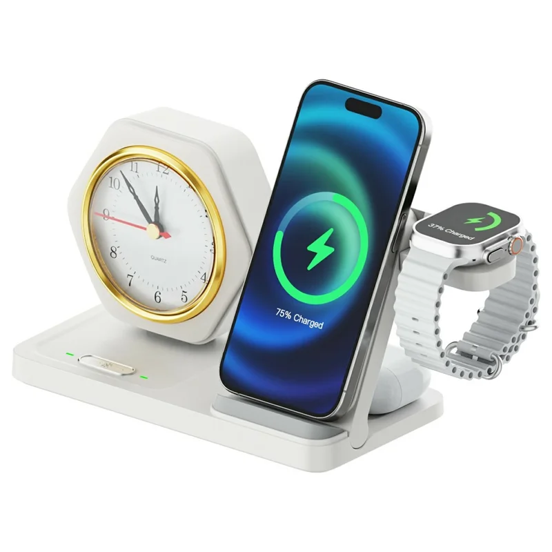 15W 4 in 1 Foldable Wireless Charger with Timer For iPhone  /  Apple Watch  /  AirPods Desktop Charging Station - White