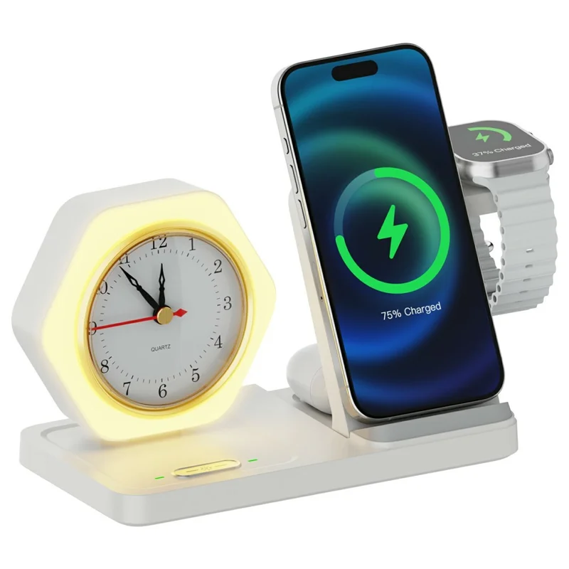 15W 4 in 1 Foldable Wireless Charger with Timer For iPhone  /  Apple Watch  /  AirPods Desktop Charging Station - White