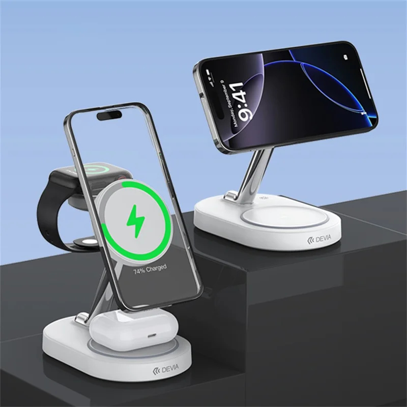 DEVIA Y302 Extreme Speed Series 3 in 1 15W Magnetic Wireless Charger Phone Watch Earbuds Charging Stand - White