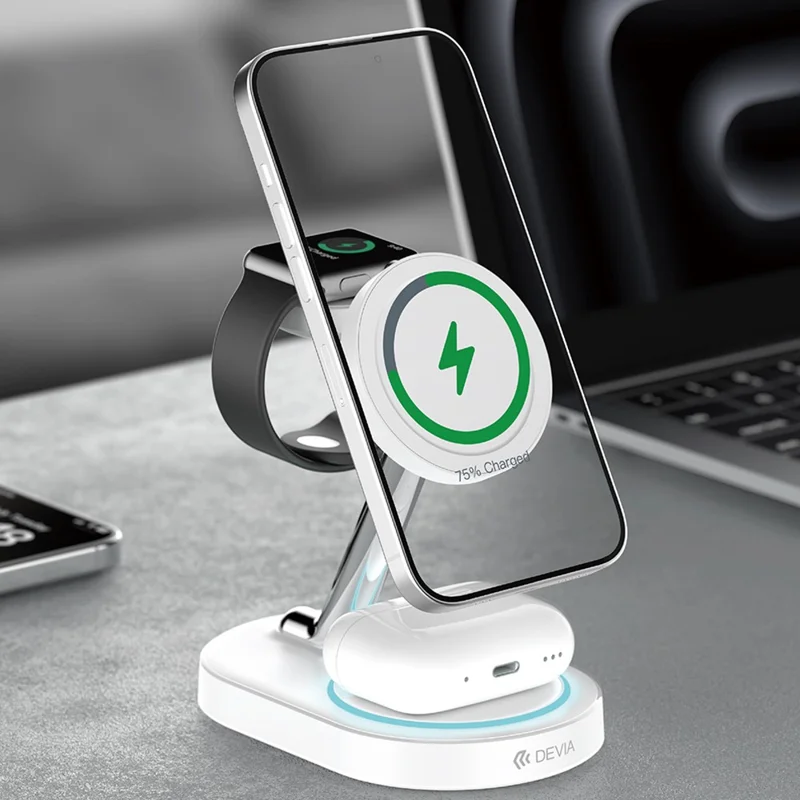 DEVIA Y302 Extreme Speed Series 3 in 1 15W Magnetic Wireless Charger Phone Watch Earbuds Charging Stand - White