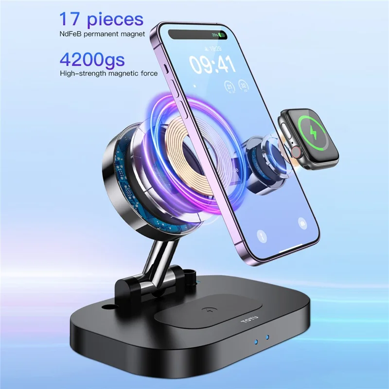 TOTU CW-2-W 4 in 1 Magnetic Wireless Charger Foldable 15W Wireless Charging Station - Black