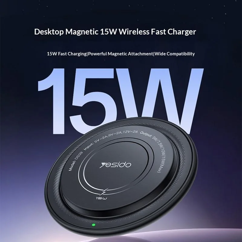 YESIDO DS39 15 Вт Магнитное беспроводное зарядное устройство, круглая настольная зарядная панель для смартфона и наушников — черный