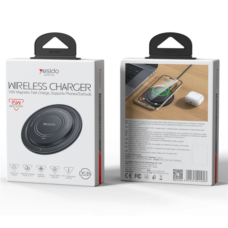 YESIDO DS39 15 Вт Магнитное беспроводное зарядное устройство, круглая настольная зарядная панель для смартфона и наушников — черный