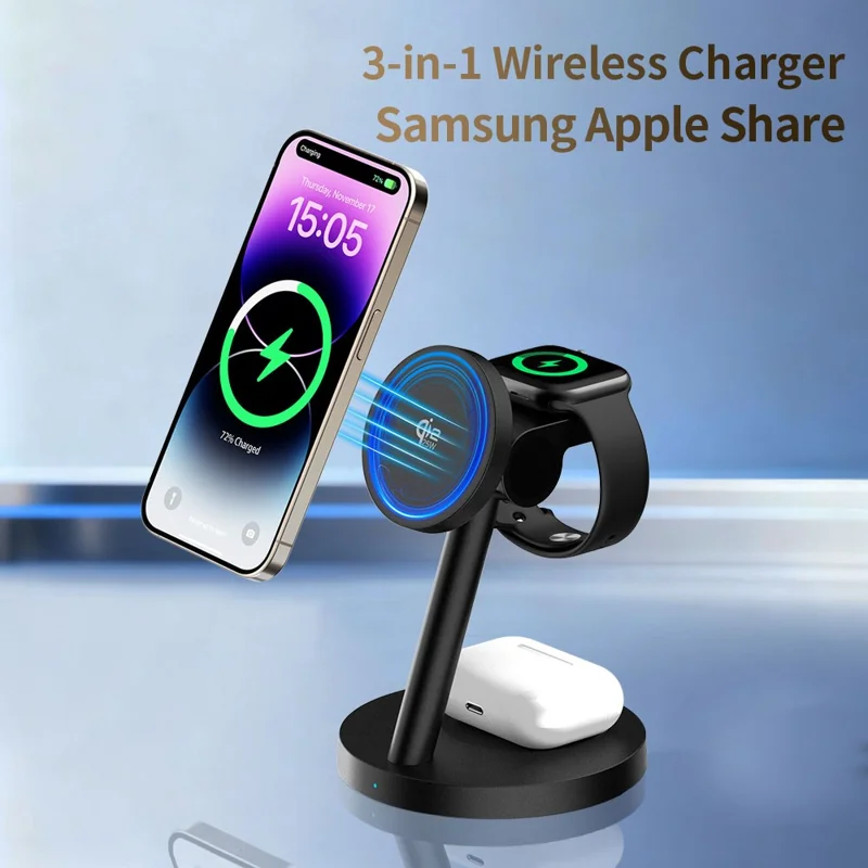 3 in 1 Qi2.2 Wireless Charger 25W Magnetic Stand for iPhone Samsung Phone Watch Earbuds - Black