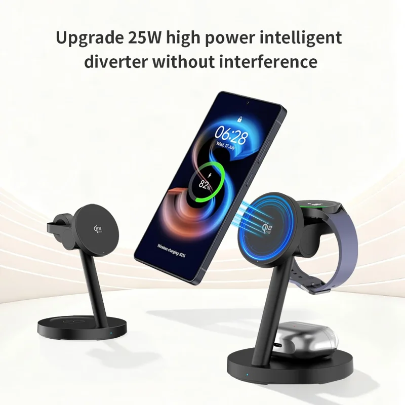 3 in 1 Qi2.2 Wireless Charger 25W Magnetic Stand for iPhone Samsung Phone Watch Earbuds - Black