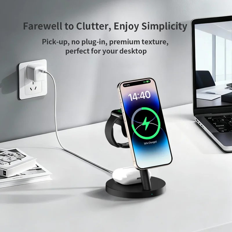 3 in 1 Qi2.2 Wireless Charger 25W Magnetic Stand for iPhone Samsung Phone Watch Earbuds - Black