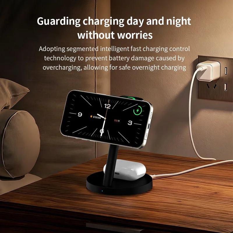 3 in 1 Qi2.2 Wireless Charger 25W Magnetic Stand for iPhone Samsung Phone Watch Earbuds - Black