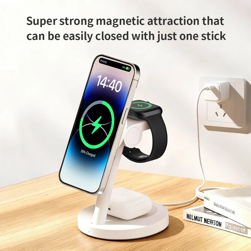 3 in 1 Qi2.2 Wireless Charger 25W Magnetic Stand for iPhone Samsung Phone Watch Earbuds - Black
