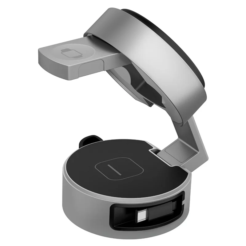 B30 3 In 1 Foldable Magnetic Wireless Charger with 80cm Retractable Cable Qi2 15W Fast Charging Dock for Phone Watch Earbuds - Silver+Black